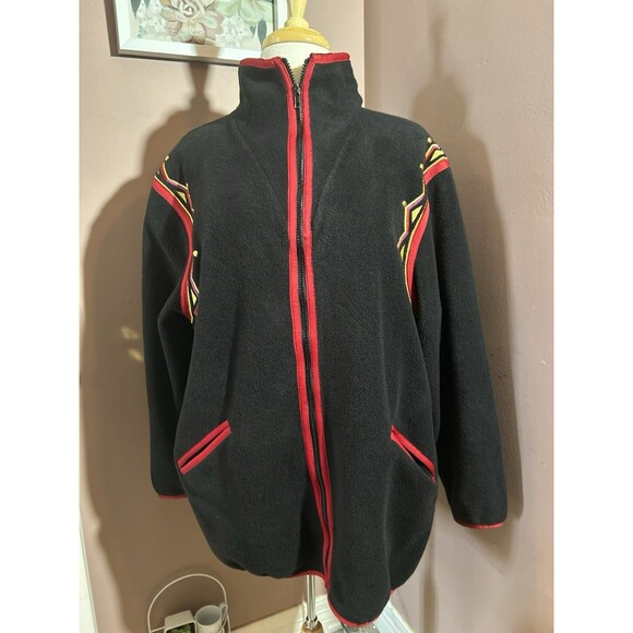 Bob Mackie Wearable Art Full Zip Jacket Womens M Embroidered Red Black Fleece - Picture 1 of 9